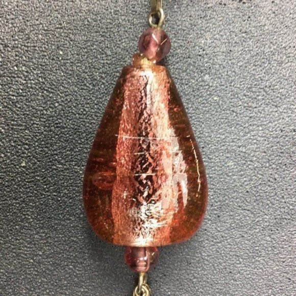 Glass Y Drop Necklace Pink Pendant Iridescent Silver Chain Dangles Twisted Rope - Picture 3 of 9